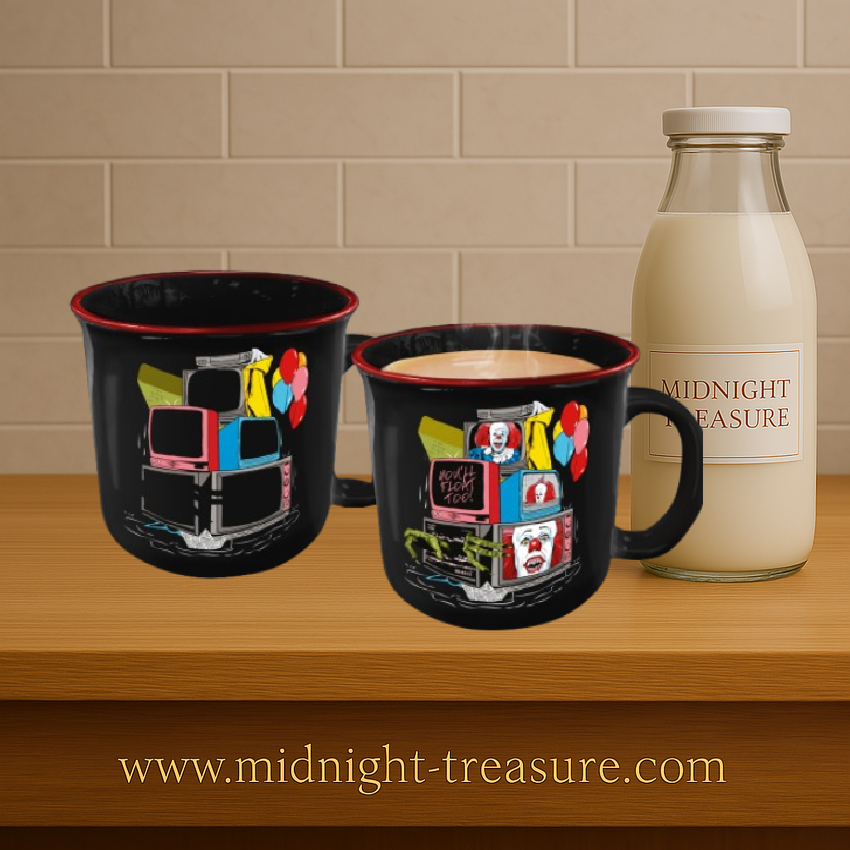 Mug IT – Thermoréactif – 350 ml – Paladone. Mug noir illustré avec écrans et ballons, révélant Pennywise et des détails horrifiques lorsqu’il est chaud. Un mug terrifiant parfait pour les fans du film Ça.