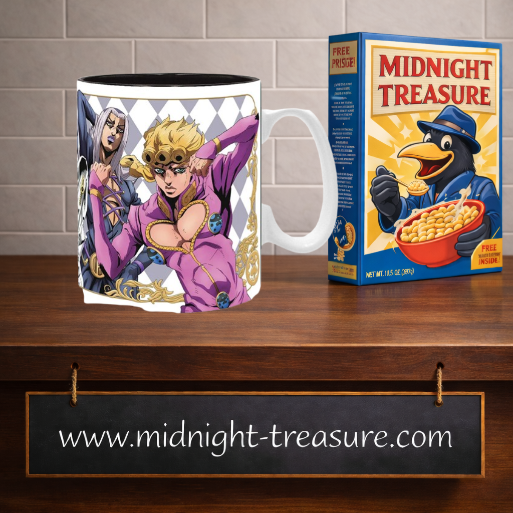 Mug JoJo's Bizarre Adventure Golden Wind 460 ml ABYstyle en céramique représentant Giorno Giovanna, Bruno Bucciarati, Mista, Narancia, Fugo et Abbacchio avec décor blanc, noir et ornements dorés.