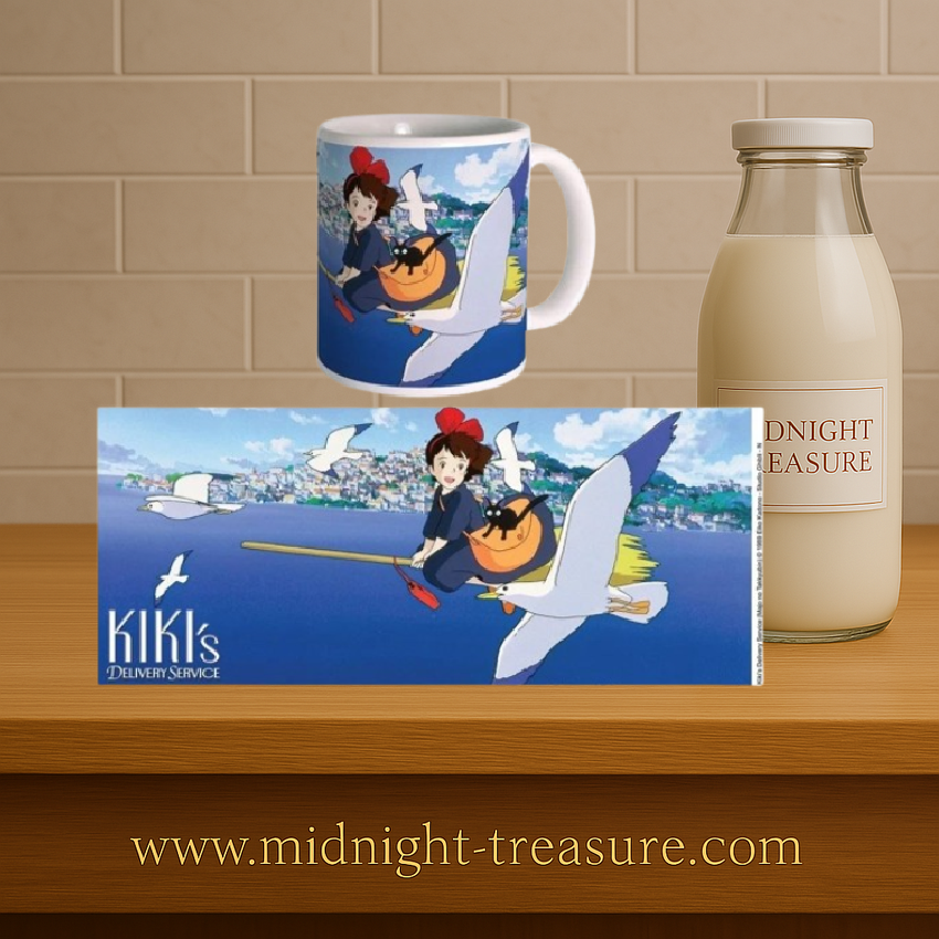 Mug Kiki la Petite Sorcière – Studio Ghibli – 300 ml – Officiel. Mug en céramique avec imprimé coloré représentant Kiki et Jiji en vol. Un must-have pour les fans de Ghibli et d’animation japonaise.