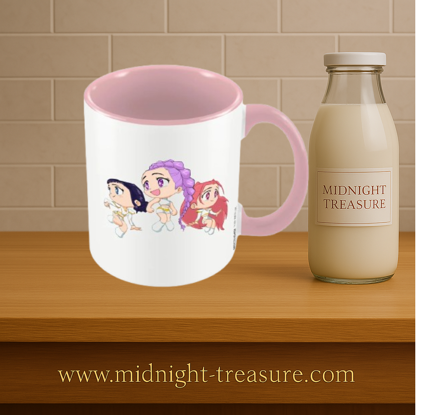 Mug K-POP Demon Hunters – Huntrix Chibi – 325 ml. Mug blanc à intérieur rose décoré des héroïnes Huntrix en version chibi.