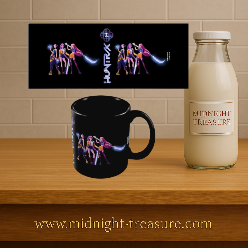 Mug K-POP Demon Hunters – Huntrix – 325 ml. Mug noir en céramique avec visuel du groupe Huntrix, design officiel et contrasté.