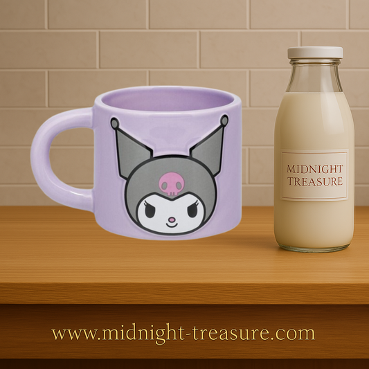 Mug Kuromi – Sanrio – Gravé – 400 ml – Officiel. Mug violet en céramique avec logo Kuromi et son visage espiègle. Un must-have kawaii pour les fans de Sanrio.