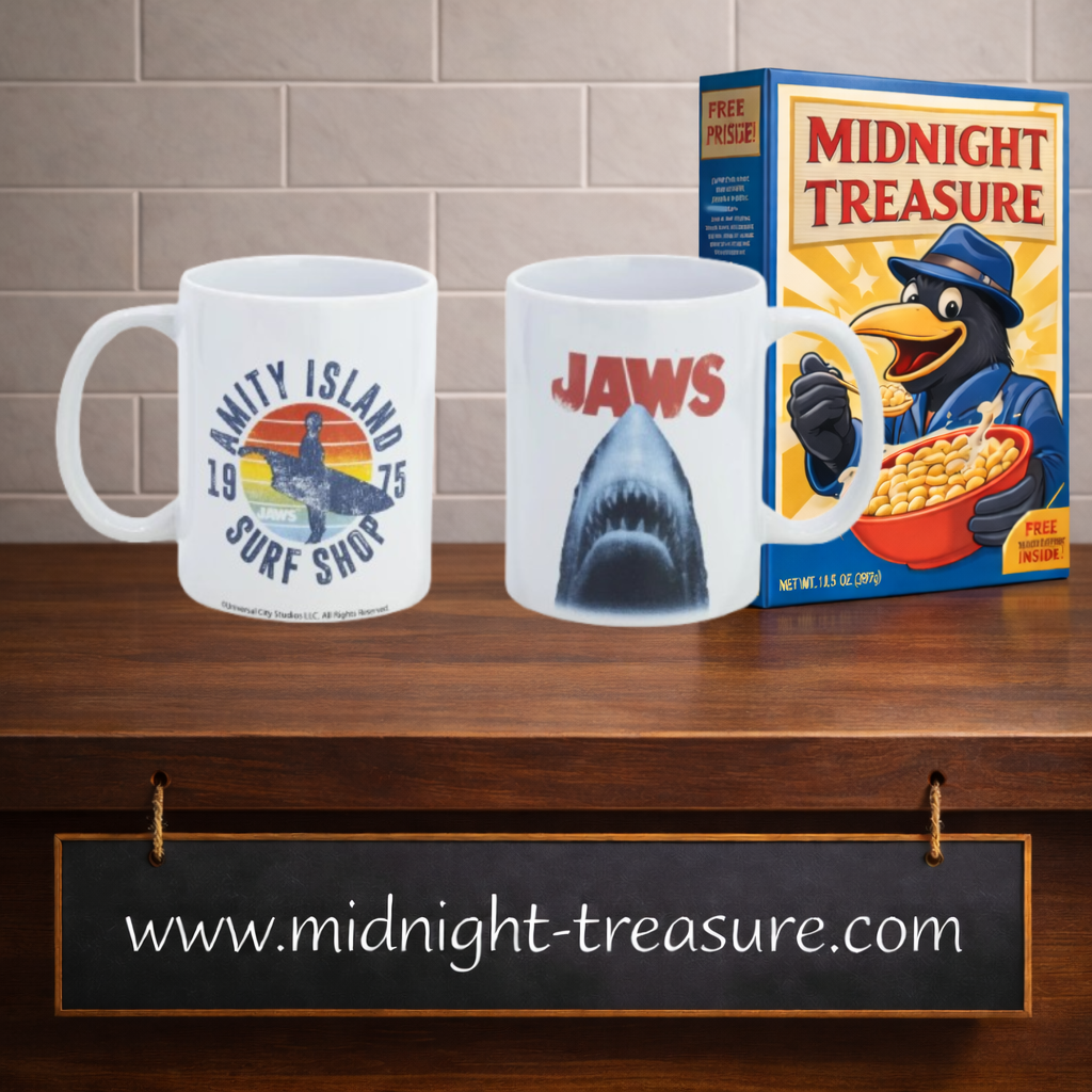 Mug Les Dents de la Mer Jaws 325 ml sous licence officielle Universal. Tasse en céramique avec le requin emblématique et un visuel rétro Amity Island inspiré du film culte de Steven Spielberg.