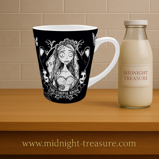 Mug Les Noces Funèbres – Emily – 250 ml. Mug en céramique noir et blanc représentant Emily, la Mariée Cadavérique, design gothique officiel ABYstyle inspiré du film de Tim Burton.
