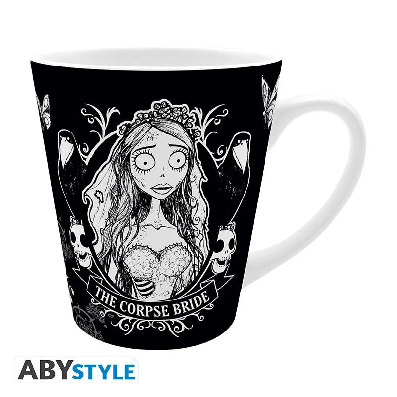 Mug Les Noces Funèbres – Emily – 250 ml. Mug en céramique noir et blanc représentant Emily, la Mariée Cadavérique, design gothique officiel ABYstyle inspiré du film de Tim Burton.