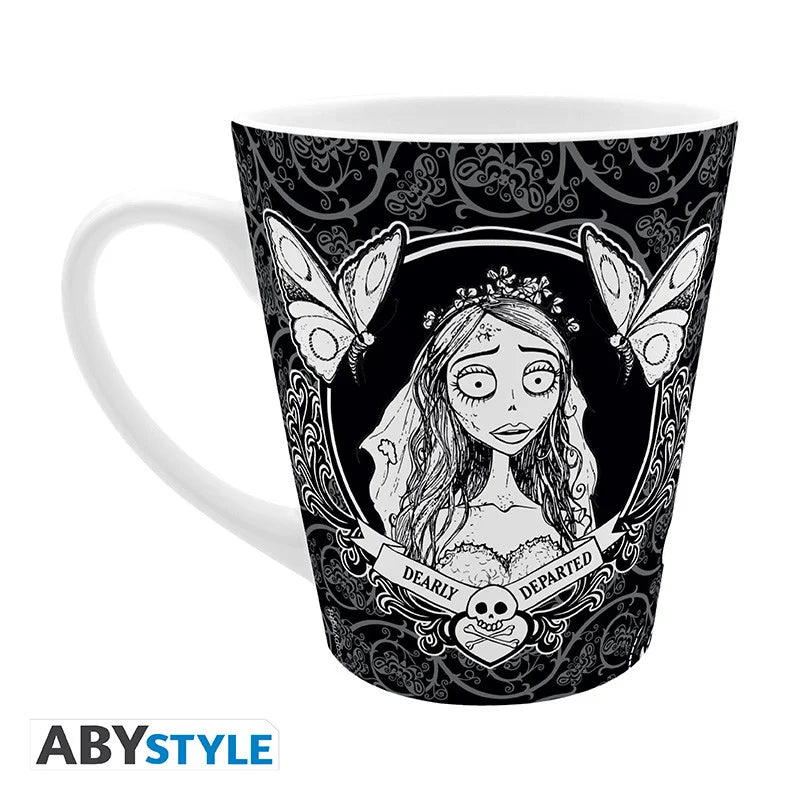 Mug Les Noces Funèbres – Emily – 250 ml. Mug en céramique noir et blanc représentant Emily, la Mariée Cadavérique, design gothique officiel ABYstyle inspiré du film de Tim Burton.