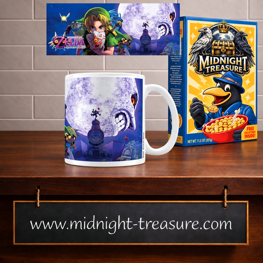 Mug The Legend of Zelda Majora's Mask Moon 300 ml sous licence officielle Nintendo. Illustration de Link face à la célèbre Lune de Termina issue du jeu Majora's Mask. Un mug collector incontournable pour les fans de Zelda.