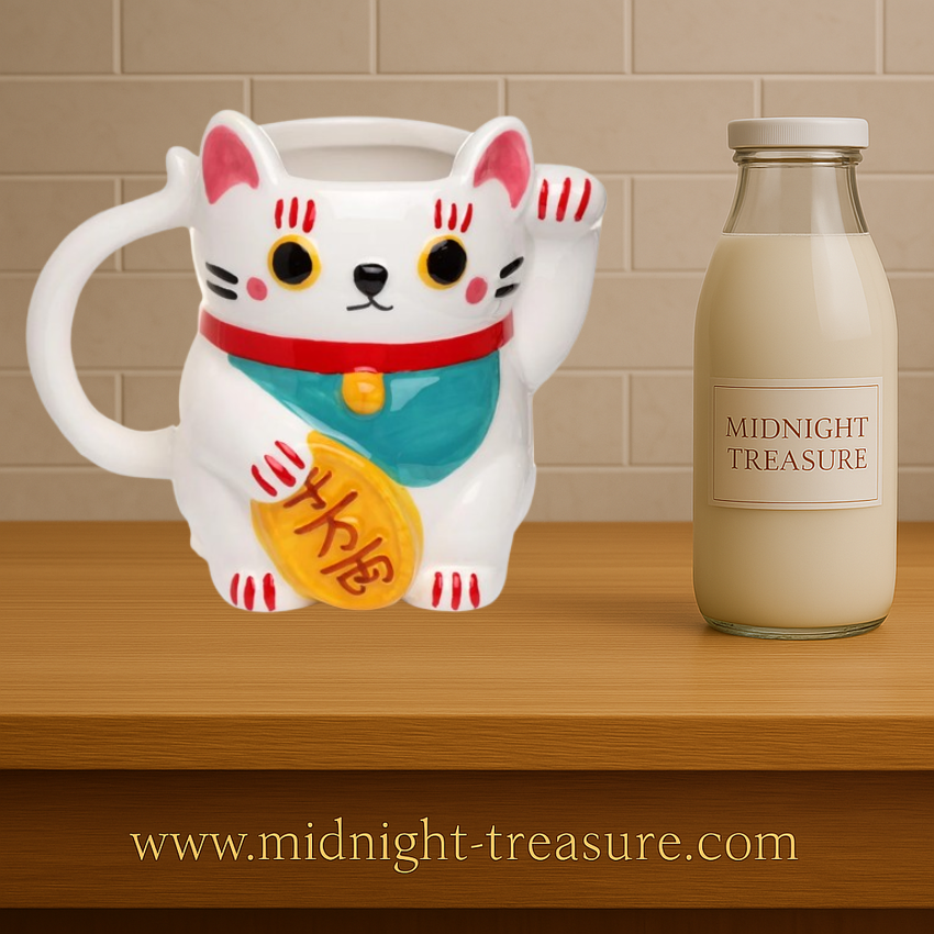 Mug 3D Maneki-Neko blanc 450 ml en céramique, chat japonais porte-bonheur avec pièce dorée et design en relief.