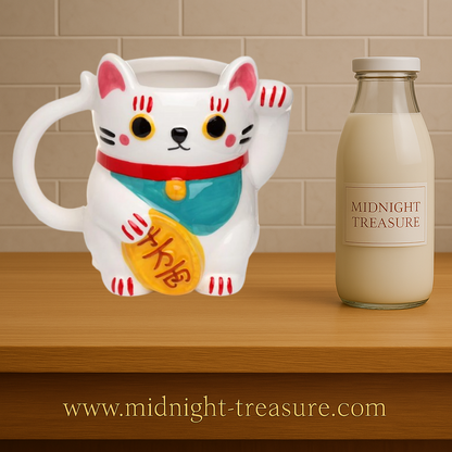Mug 3D Maneki-Neko blanc 450 ml en céramique, chat japonais porte-bonheur avec pièce dorée et design en relief.