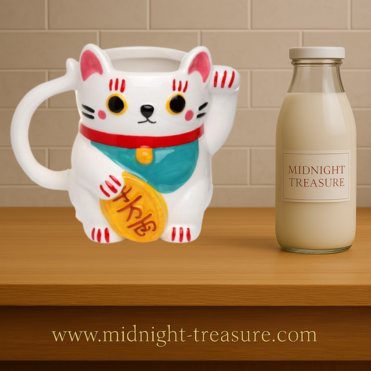 Mug 3D Maneki-Neko blanc 450 ml en céramique, chat japonais porte-bonheur avec pièce dorée et design en relief.