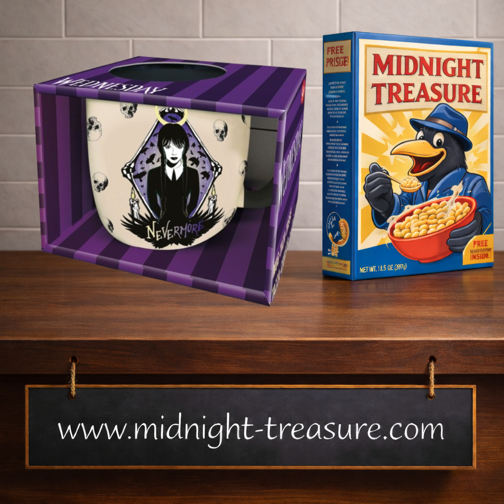 Mug Mercredi Wednesday Nevermore 380 ml avec illustration gothique de Mercredi Addams, corbeaux, crânes, bougies et croissant de lune dans des tons noirs et violets.