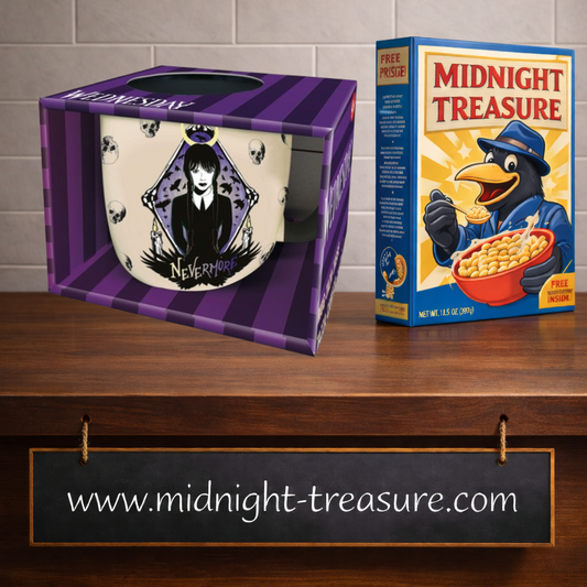 Mug Mercredi Wednesday Nevermore 380 ml avec illustration gothique de Mercredi Addams, corbeaux, crânes, bougies et croissant de lune dans des tons noirs et violets.