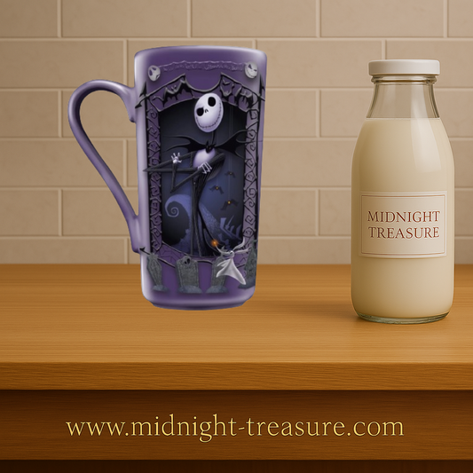 Mug L'Étrange Noël de Monsieur Jack – 470 ml. Mug latte violet décoré de Jack Skellington et de Zéro dans un décor gothique.