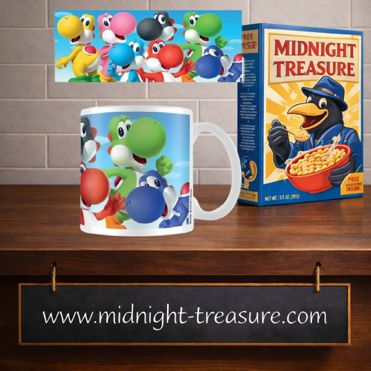 Mug Nintendo Super Mario avec plusieurs Yoshi colores sur fond bleu en ceramique 300 ml.