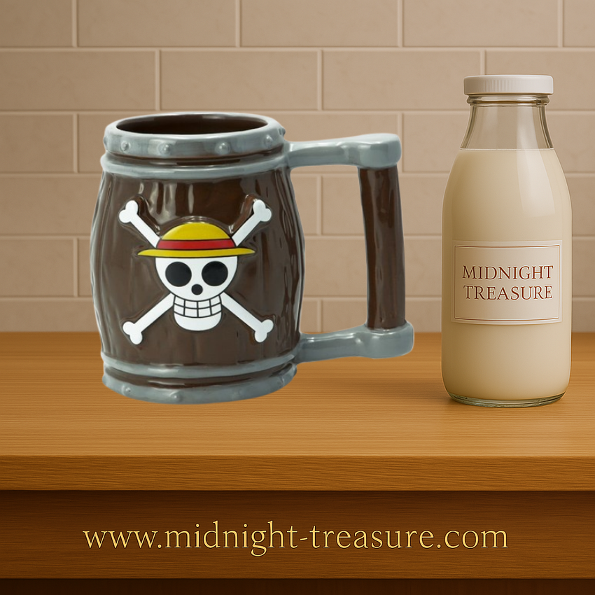 Mug One Piece – Tonneau 3D – 350 ml – ABYstyle. Mug sculpté en forme de tonneau pirate avec le Jolly Roger de Luffy en relief. Design immersif inspiré de l’univers One Piece.
