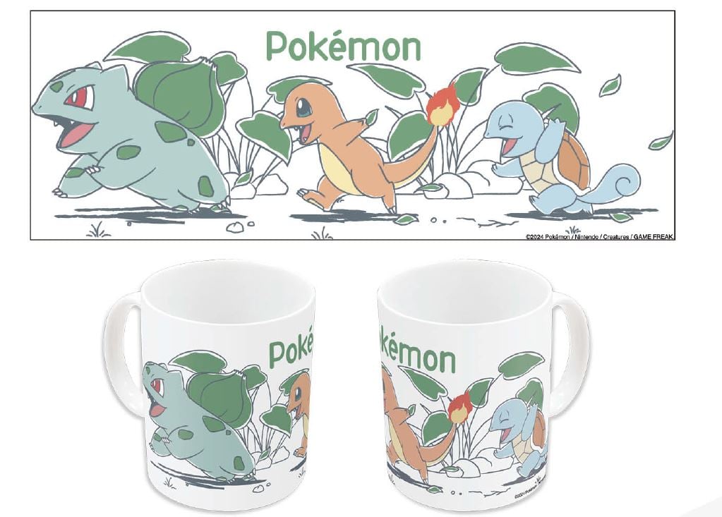 Mug Pokémon – Chill – 325 ml – Stor. Mug en céramique blanche décoré de Bulbizarre, Salamèche et Carapuce dans un style minimaliste et doux.