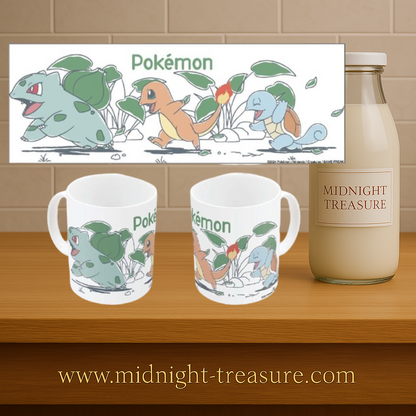 Mug Pokémon – Chill – 325 ml – Stor. Mug en céramique blanche décoré de Bulbizarre, Salamèche et Carapuce dans un style minimaliste et doux.