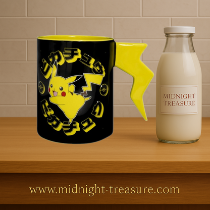 Mug Pokémon Pikachu 3D 460 ml en céramique avec anse en forme d’éclair et design japonais noir et jaune.