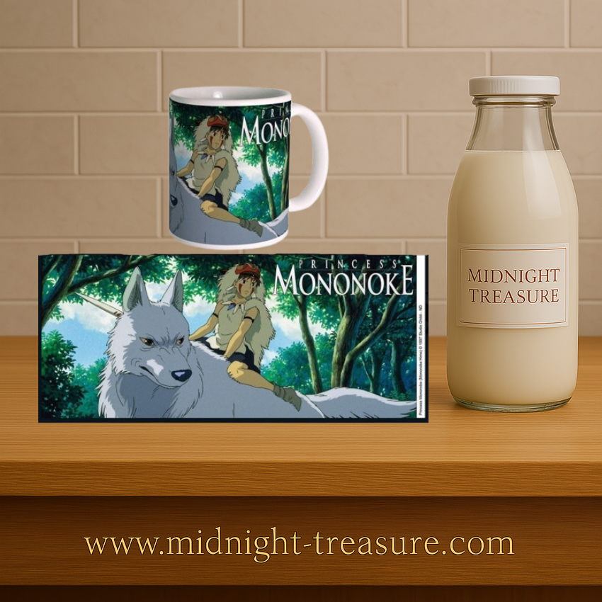 Mug Princesse Mononoké – 300 ml – Studio Ghibli. Mug blanc décoré de San chevauchant le loup géant dans la forêt. Illustration fidèle au film d’animation.