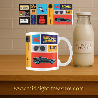 Mug Retour vers le futur collection 315 ml en céramique avec illustrations iconiques de la DeLorean, du convecteur temporel et des références cultes du film.