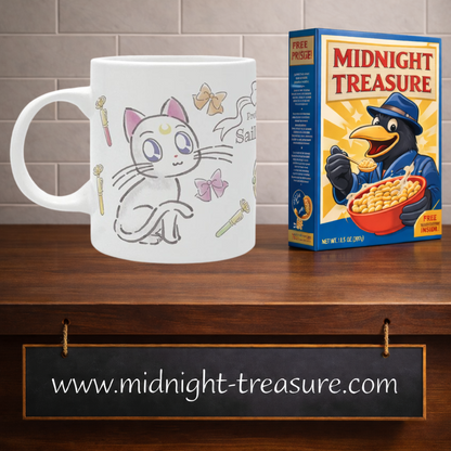 Mug Sailor Moon Luna et Artemis Chibi 320 ml en céramique avec illustrations pastel des deux chats gardiens, baguettes magiques, nœuds et symboles lunaires.