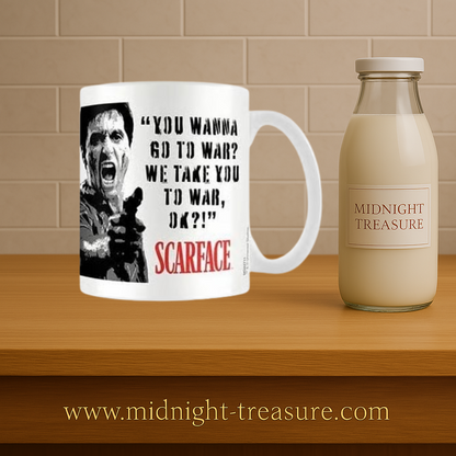Mug Scarface – 315 ml. Mug en céramique avec citation culte de Tony Montana et visuel noir et blanc, produit sous licence officielle.