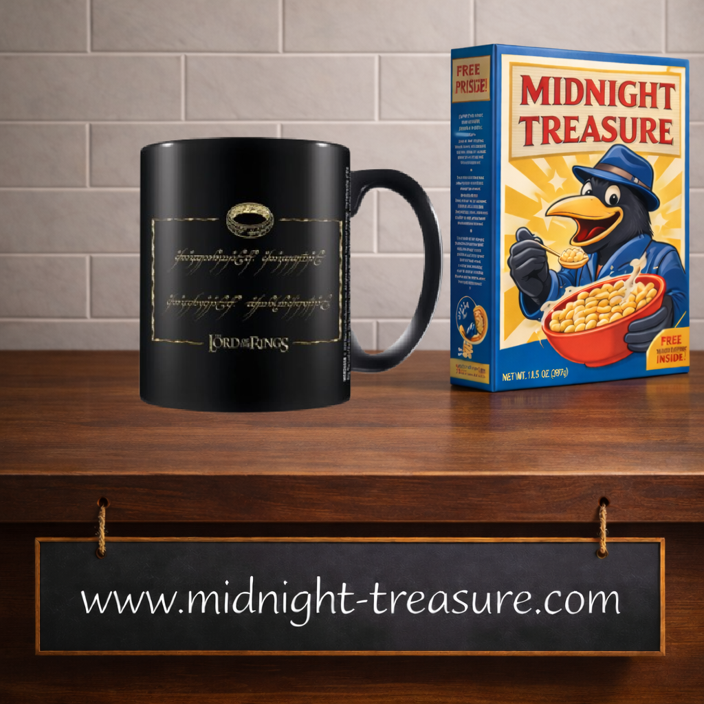 Mug Le Seigneur des Anneaux 325 ml noir avec illustration de l’Anneau Unique et inscription elfique dorée.