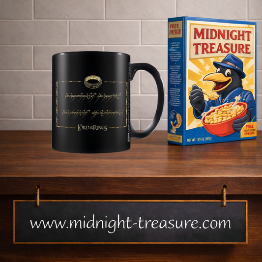 Mug Le Seigneur des Anneaux 325 ml noir avec illustration de l’Anneau Unique et inscription elfique dorée.