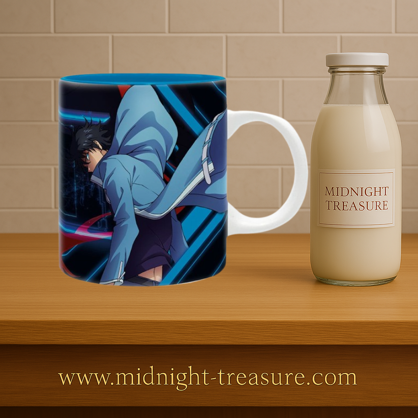 Mug Solo Leveling – Jinwoo & Ignis – Leveled Up! – 320 ml – ABYstyle. Mug décoré de Sung Jinwoo, de l’Ombre Ignis et de l’écran du Système indiquant “Leveled Up!”.