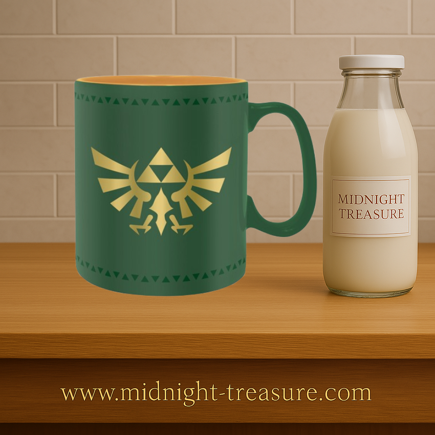 Mug The Legend of Zelda – Insigne d’Hyrule – 460 ml – ABYstyle. Mug en céramique vert et or, orné de la Triforce dorée, symbole mythique du royaume d’Hyrule.