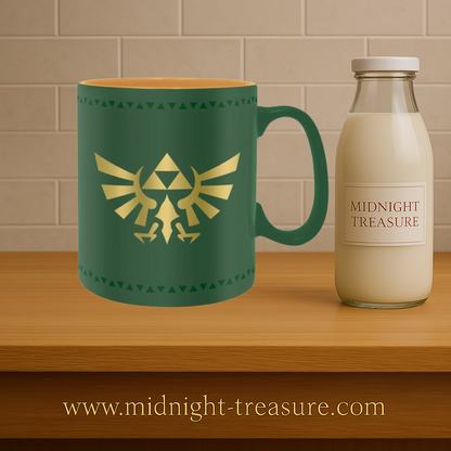 Mug The Legend of Zelda – Insigne d’Hyrule – 460 ml – ABYstyle. Mug en céramique vert et or, orné de la Triforce dorée, symbole mythique du royaume d’Hyrule.