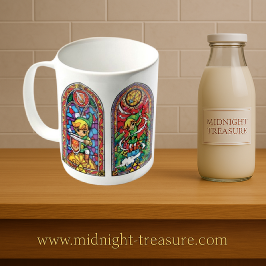 Mug The Legend of Zelda – Stained Glass – 300 ml – Officiel. Design vitrail coloré représentant Link dans différentes poses héroïques. Un mug collector parfait pour les fans de Zelda et de Nintendo.

