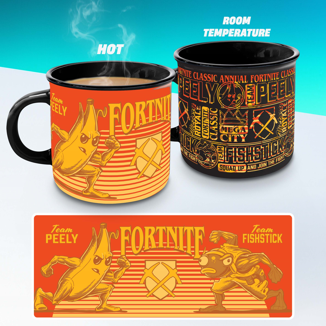 Mug thermoréactif – Fortnite – 300 ml – Officiel. Mug en céramique avec effet thermoréactif révélant Peely et Fishstick. Un must-have pour les fans de Fortnite et de gaming.