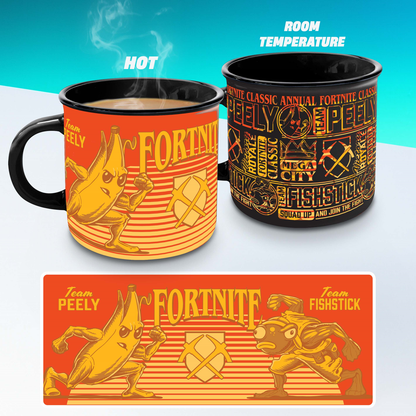 Mug thermoréactif – Fortnite – 300 ml – Officiel. Mug en céramique avec effet thermoréactif révélant Peely et Fishstick. Un must-have pour les fans de Fortnite et de gaming.