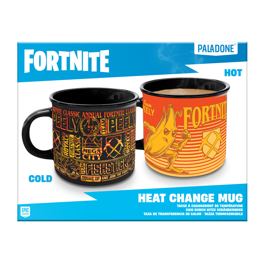 Mug thermoréactif – Fortnite – 300 ml – Officiel. Mug en céramique avec effet thermoréactif révélant Peely et Fishstick. Un must-have pour les fans de Fortnite et de gaming.