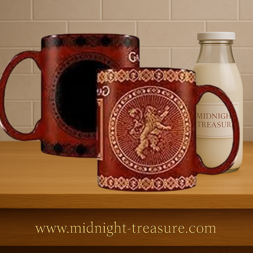 Mug thermoréactif Game of Thrones Maison Lannister en céramique rouge, contenance 315 ml, design changeant avec liquide chaud et blason du lion.