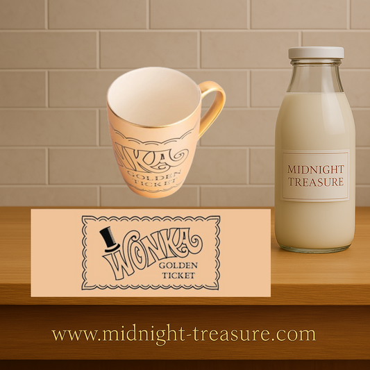 Mug Willy Wonka Golden Ticket 350 ml. Mug en céramique dorée avec deux visuels différents inspirés du ticket d’or mythique.