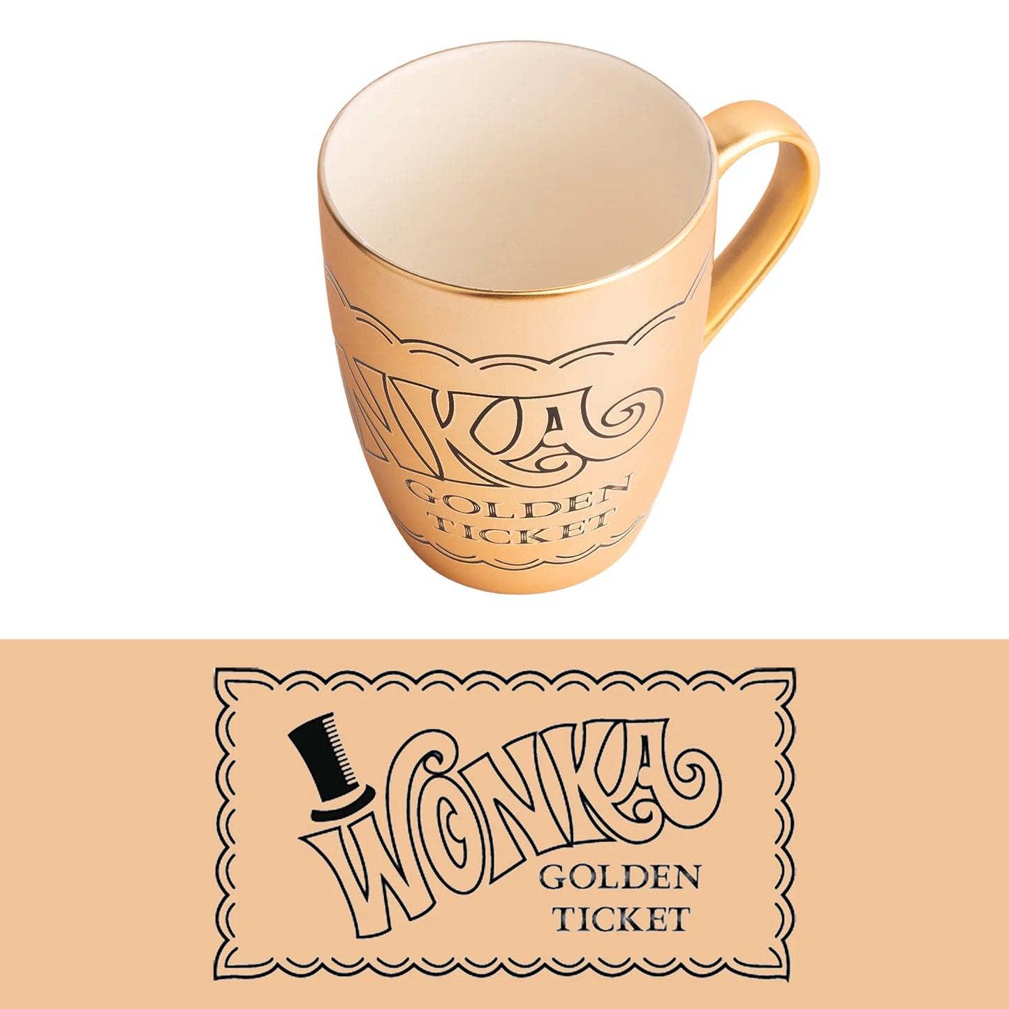 Mug Willy Wonka Golden Ticket 350 ml. Mug en céramique dorée avec deux visuels différents inspirés du ticket d’or mythique.