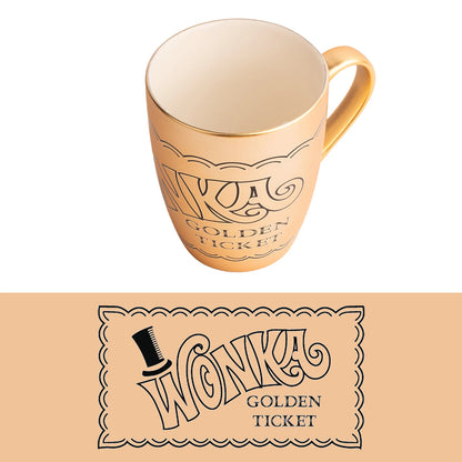 Mug Willy Wonka Golden Ticket 350 ml. Mug en céramique dorée avec deux visuels différents inspirés du ticket d’or mythique.