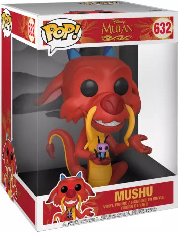 Funko Pop! Disney Mulan – Mushu (N°632) – figurine géante 25 cm rouge et jaune, Mushu assis tenant Cri-Kee, fidèle au film Disney Mulan.