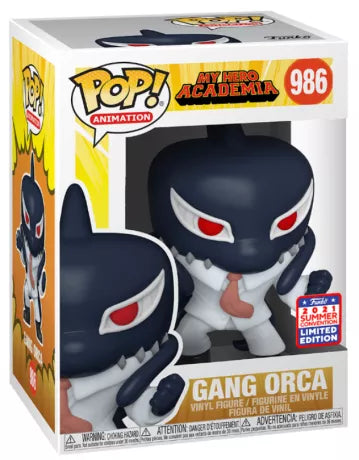 Funko Pop! My Hero Academia – Gang Orca (N°986). Figurine exclusive Summer Limited Edition représentant le pro-héros mi-humain mi-orque, vêtu d’un costume blanc et cravate rouge. Une pièce puissante et rare pour les fans d’anime.
