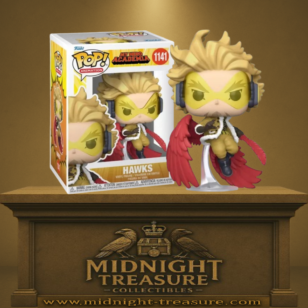 Funko Pop! Hawks (1141) – My Hero Academia – Figurine en vinyle sous licence officielle, représentant Hawks avec ses ailes rouges et son regard perçant, prêt à fondre sur l'ennemi.