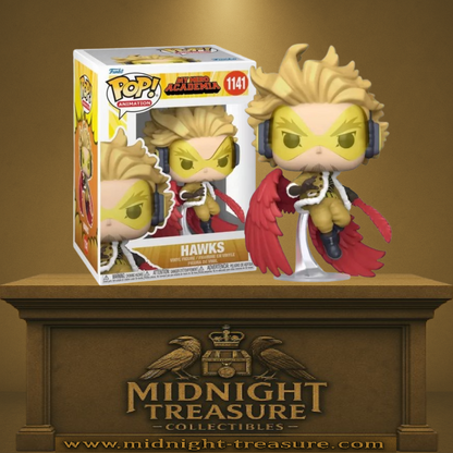 Funko Pop! Hawks (1141) – My Hero Academia – Figurine en vinyle sous licence officielle, représentant Hawks avec ses ailes rouges et son regard perçant, prêt à fondre sur l'ennemi.