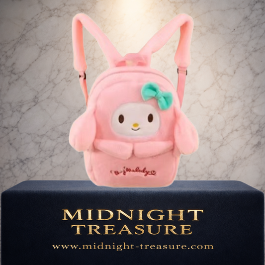Mini sac à dos My Melody Sanrio en peluche rose de 30 cm avec longues oreilles, visage blanc, nœud vert menthe et bretelles réglables.