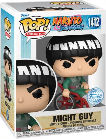 Funko Pop! Naruto Shippuden – Might Guy (Maito Gai) N°1412 en fauteuil roulant. Figurine représentant le ninja après l’utilisation des Huit Portes, version emblématique et émotive.