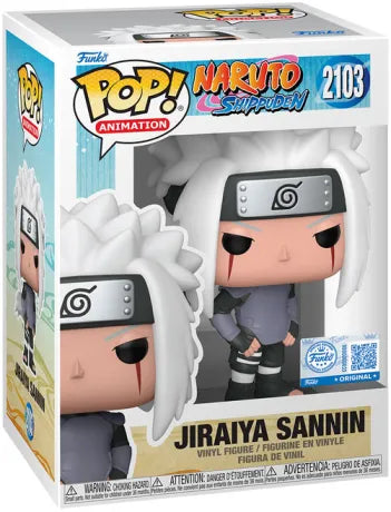 Funko Pop! Naruto Shippuden – Jiraiya Sannin (N°2103). Jiraiya en tenue sombre avec bandeau de Konoha et marques rouges, version liée à Amegakure, Hanzô et sa rencontre avec Nagato, Konan et Yahiko.