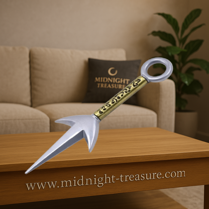 Kunai ornemental Naruto – Minato Namikaze – 22 cm – acier inoxydable. Réplique fidèle du kunai utilisé pour le Hiraishin no Jutsu. Un objet de collection idéal pour les fans de Naruto et de l’Éclair Jaune de Konoha.