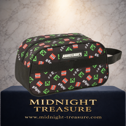 Nécessaire de toilette officiel Minecraft avec motifs Creeper et TNT. Trousse de voyage de 26 x 12 x 15 cm avec poignée latérale et fermeture zippée, idéale pour les fans du célèbre jeu vidéo.