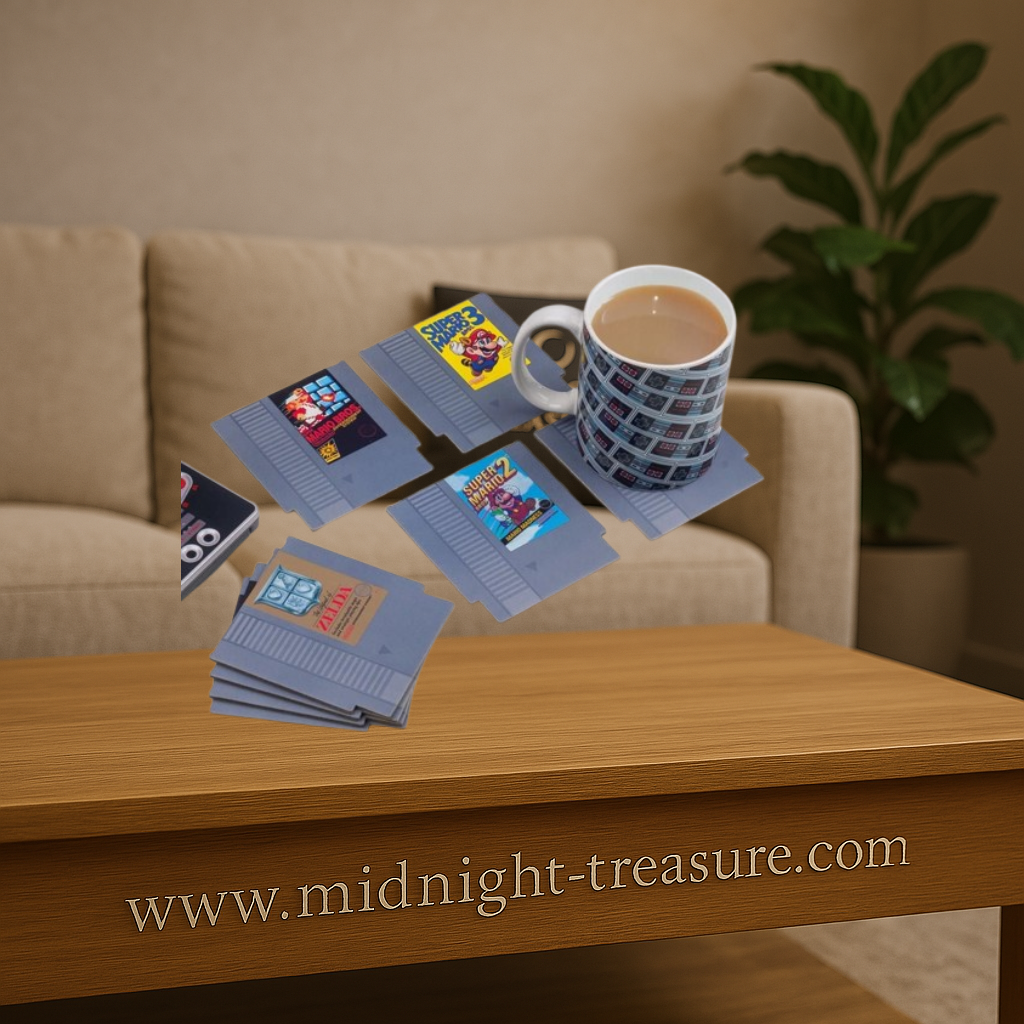 Sous-verres Nintendo NES – Lot de 8 cartouches classiques. Dessins des jeux cultes Zelda, Mario, Donkey Kong, Metroid. Accessoire rétro-gaming officiel Nintendo.