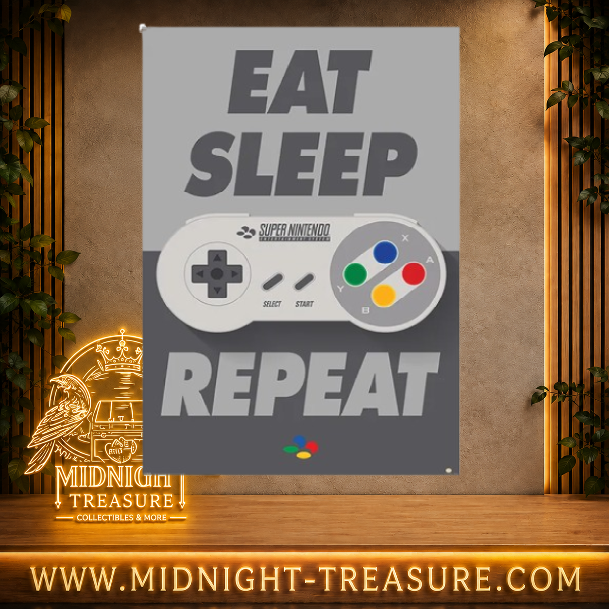 Maxi poster Nintendo Super Nintendo Eat Sleep Repeat 91,5 x 31 cm avec manette SNES rétro et boutons colorés.